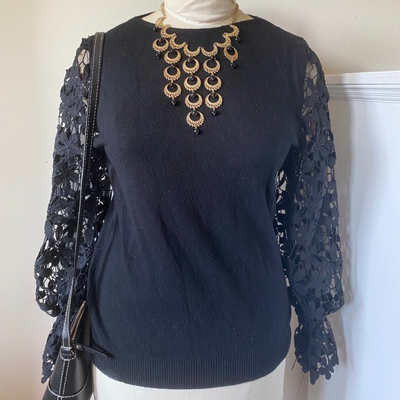 Gioni Milano Knit Crew Neck Sheer Lace Long Sleeve Pullover Sweater - Picture 3 of 6